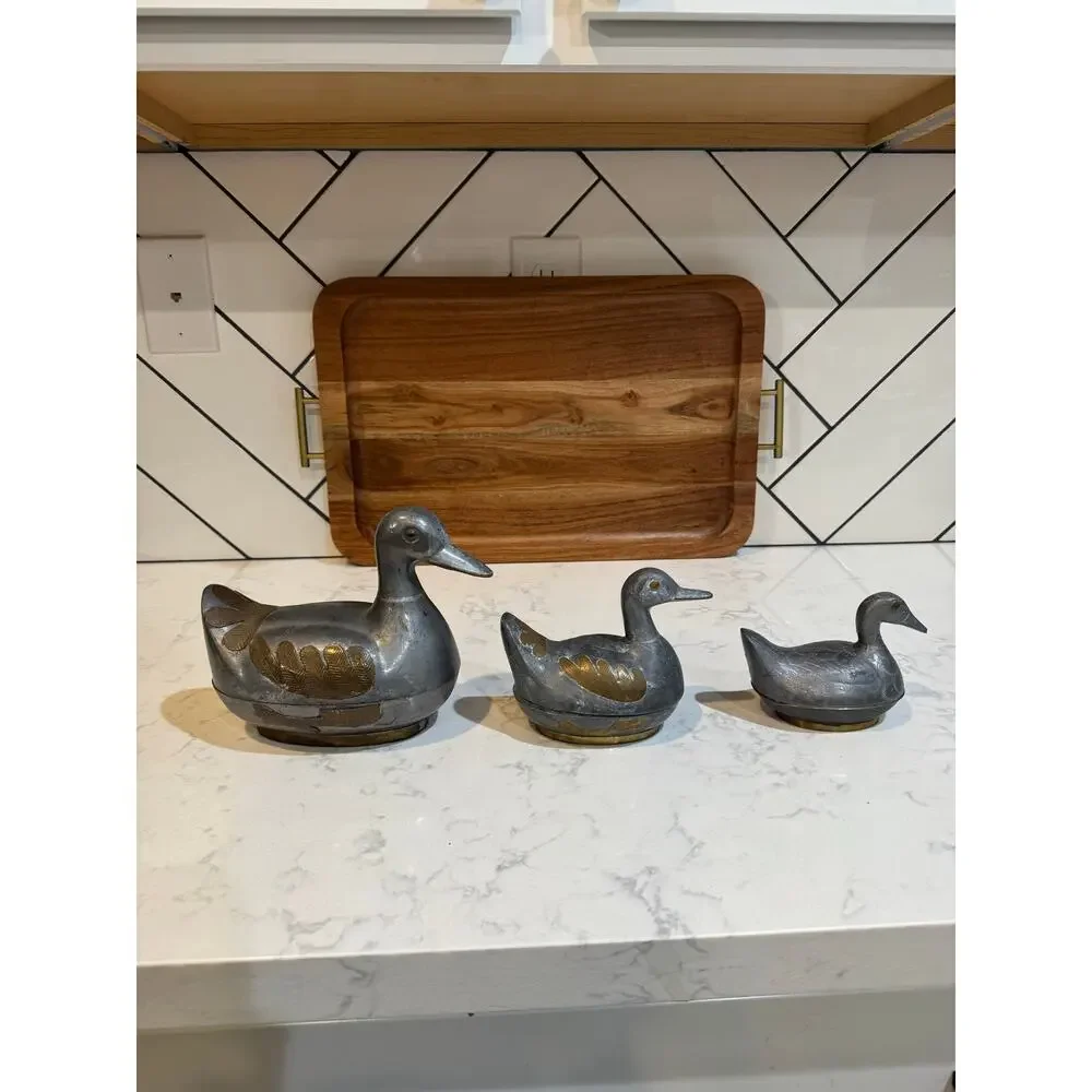 vintage pewter brass duck trinket boxes made in Hong Kong cabin rustic MCM